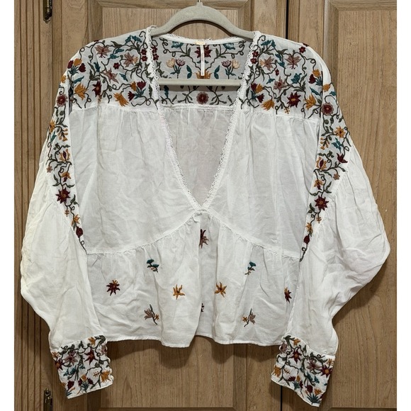 Free People Tops - Free People Ava Embroidered Blouse Top Womens Size Large Ivory Floral Crop Boho